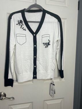 Geli- Black-Trim White Floral Cardigan Sweater for Women
